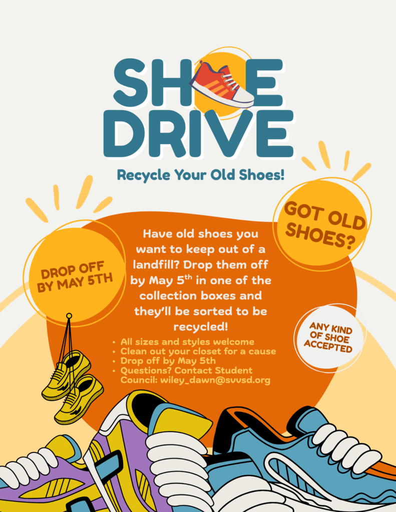 Colorful graphic promoting a shoe drive event, featuring text about recycling old shoes, drop-off details by May 5th, and encouraging participation. All sizes and styles are welcomed for donation, with contact information for questions.