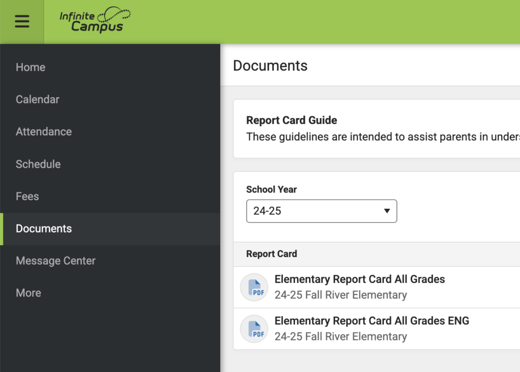 Screenshot of the Infinite Campus platform displaying the "Documents" section, featuring the Report Card Guide for the 2024-2025 school year at Fall River Elementary, with downloadable options for report cards in English and other formats.