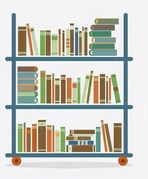Illustration of a bookshelf filled with various books in different colors and sizes, showcasing a diverse collection of literature.