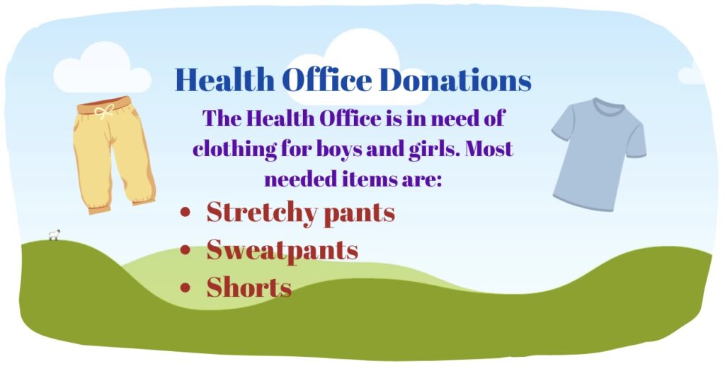 Graphic promoting clothing donations for a Health Office, highlighting needed items like stretchy pants, sweatpants, and shorts for boys and girls, with a colorful background featuring clouds and hills.