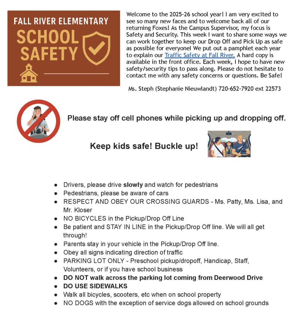 Fall River Elementary School safety pamphlet for the 2025-26 school year, emphasizing traffic safety guidelines for drivers and pedestrians, including reminders to avoid cell phone use, obey crossing guards, and follow parking rules.