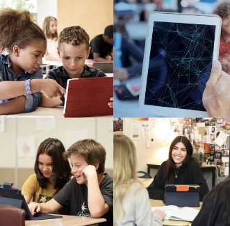 Students engaged in collaborative learning with tablets in a classroom setting, highlighting technology integration in education. The image shows children discussing their work, teens focused on their devices, and a teacher interacting with students.